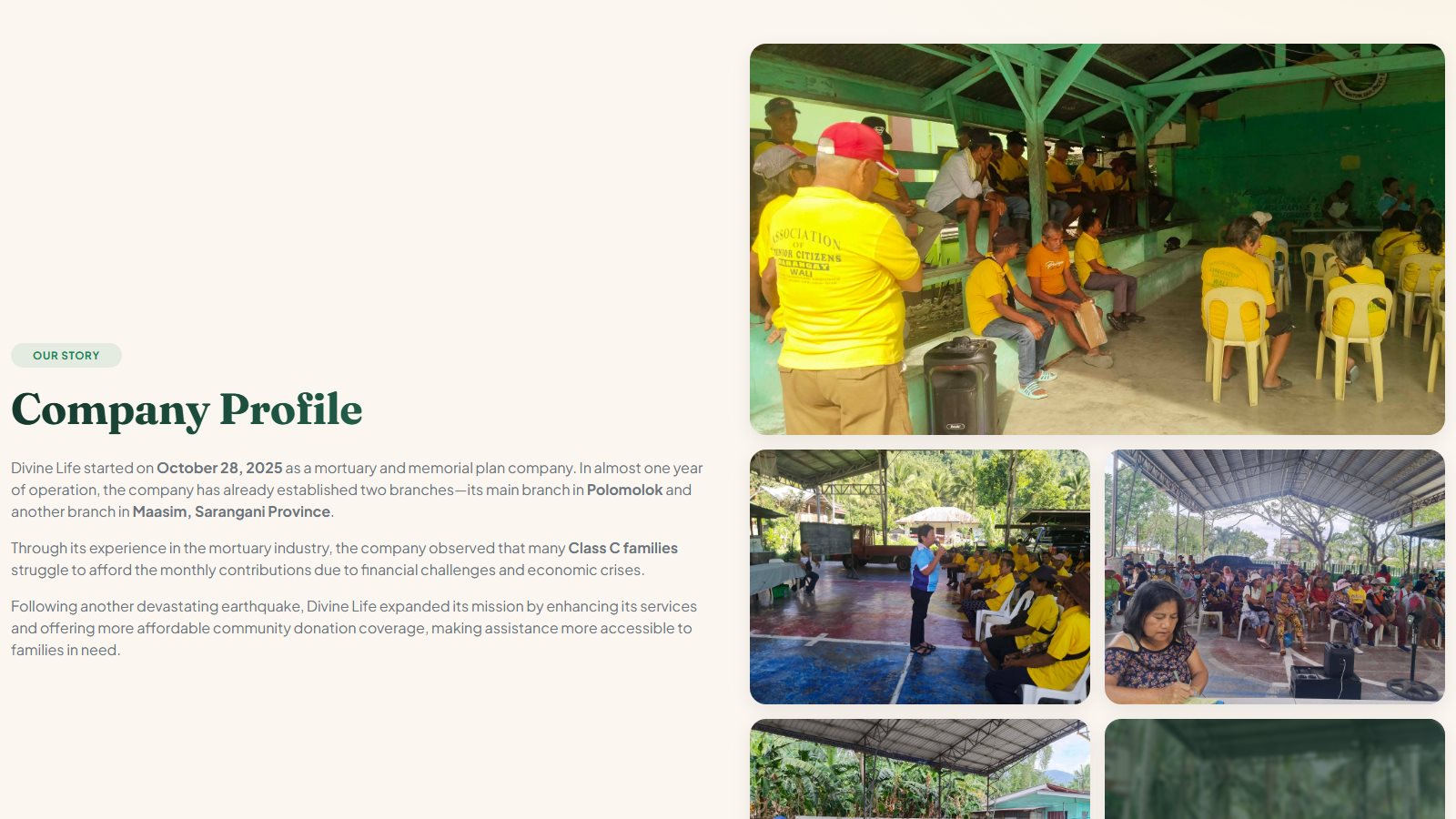 Company profile section with photo gallery