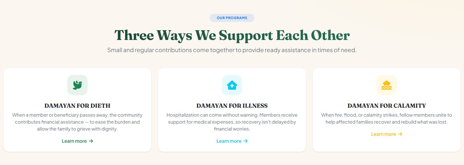 The three damayan programs: death, illness, and calamity support