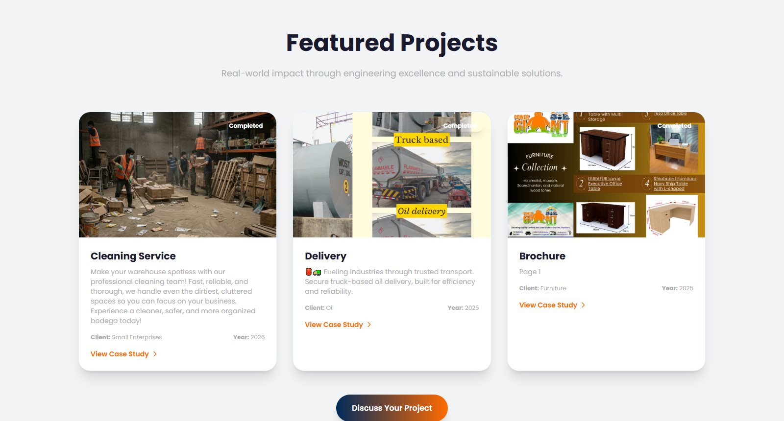 Featured projects grid with completed project cards